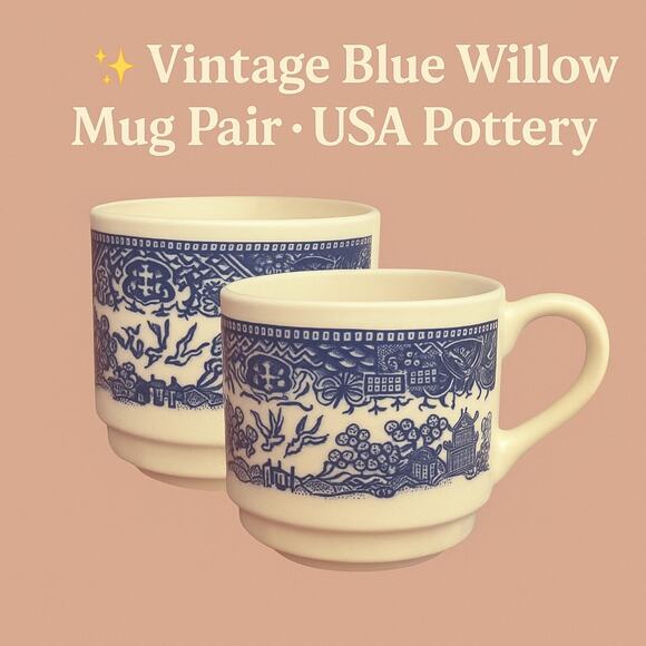 Vintage Blue Willow Mug Pair • USA Pottery Blue & White Cups - Picture 1 of 7